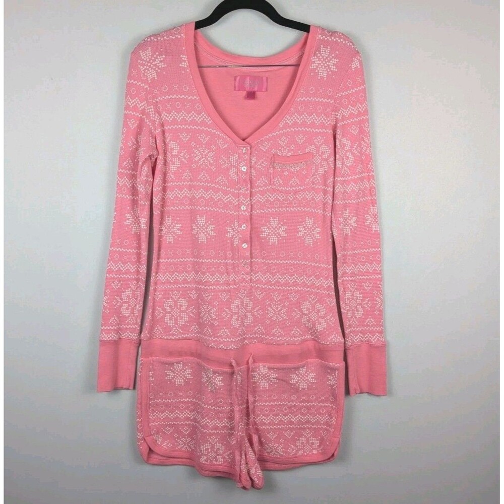Victoria's Secret Thermal Sleep One Piece Romper Size M Pink White Snowflakes